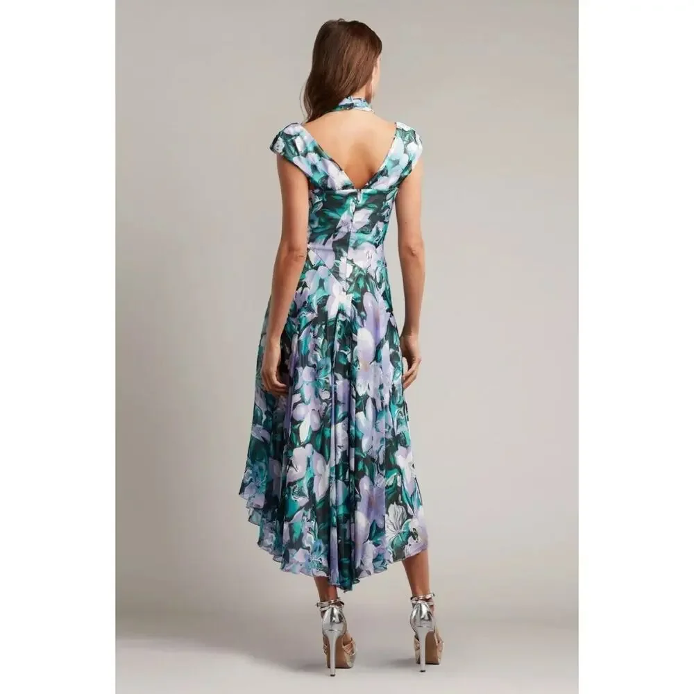 NWT Tadashi Shoji ARLENE CUTOUT HALTER FLORAL MIDI DRESS BUI22121MD Iris Size 12 - Picture 2 of 16